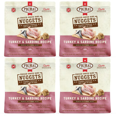 Primal Pet Foods cuñas pavo y sardina, frente del producto, listas para servir.