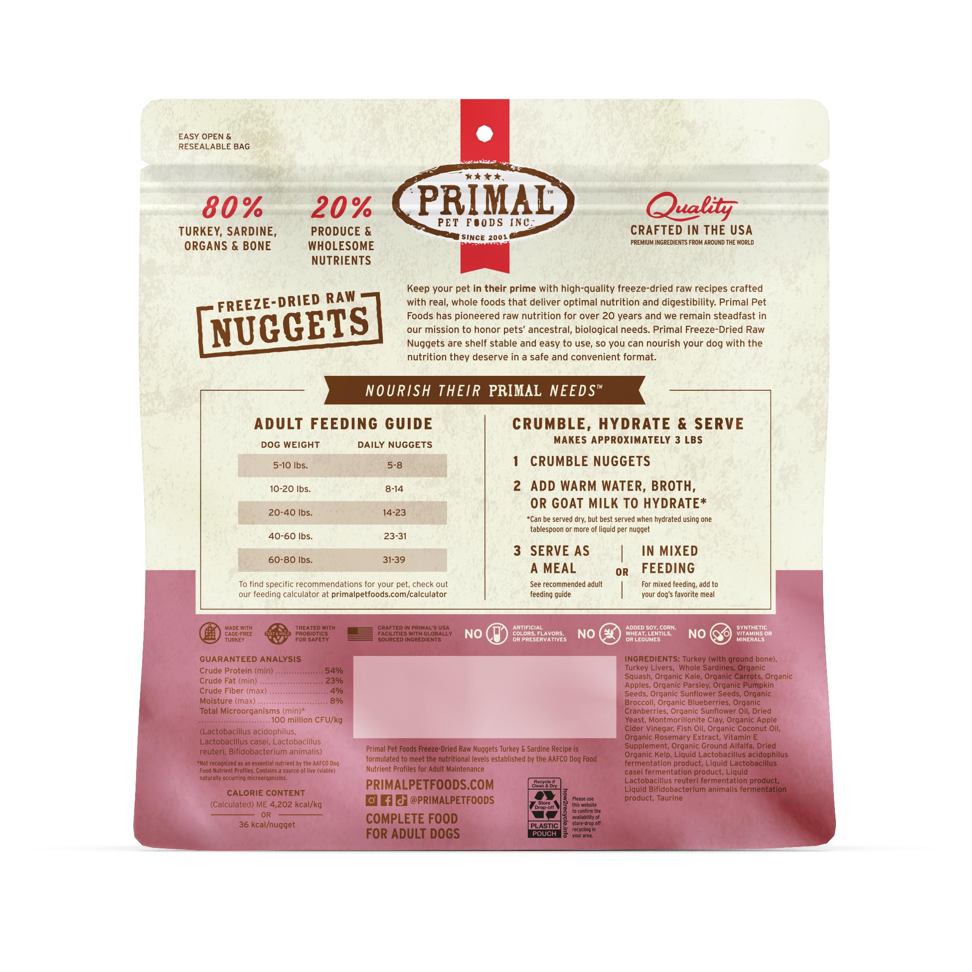 Primal Pet Foods cuñas pavo y sardina, snack delicioso para perros activos.