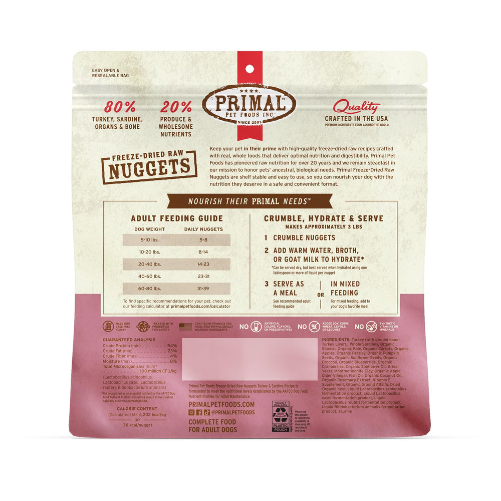 Primal Pet Foods cuñas pavo y sardina, snack delicioso para perros activos.