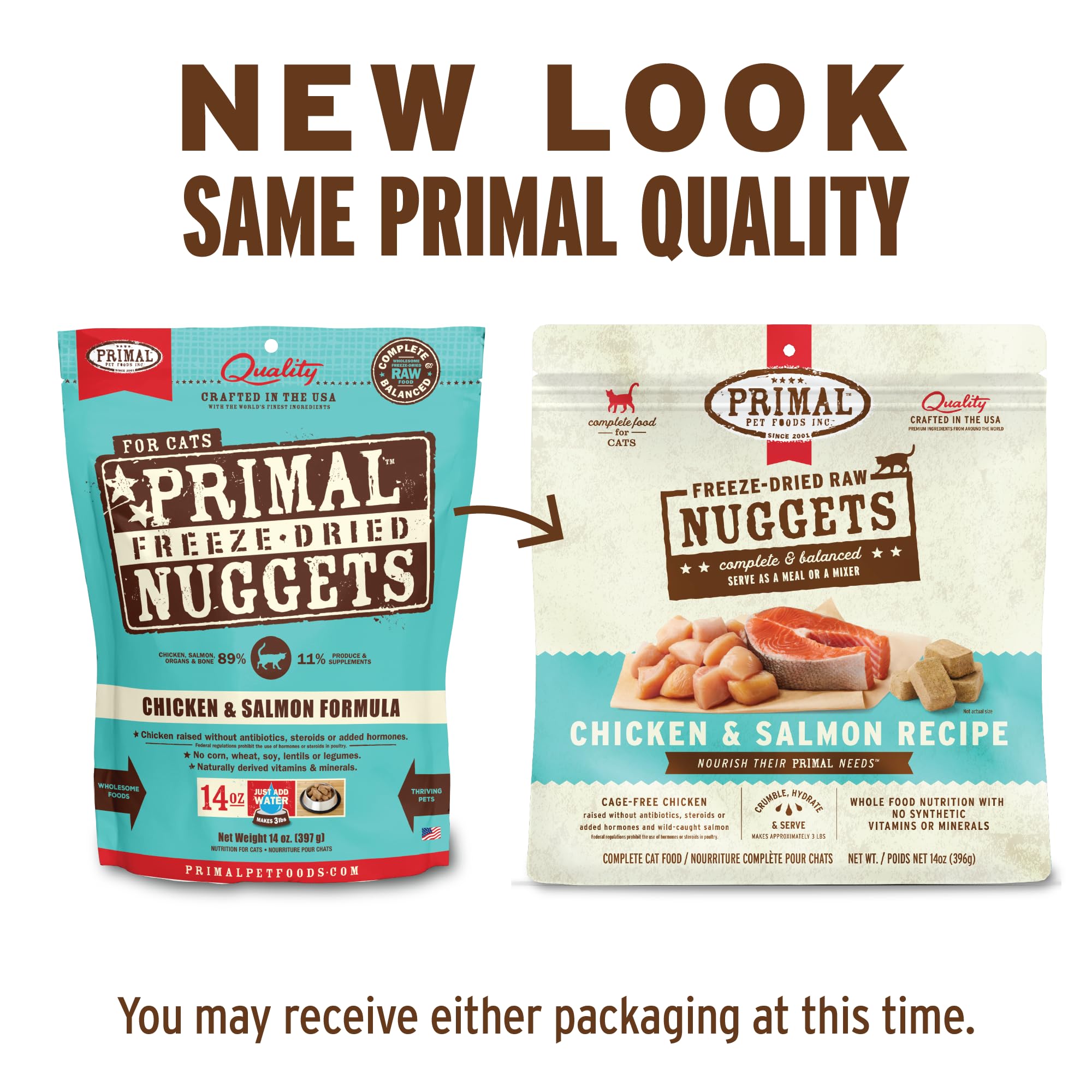 Empaque de Primal para mascotas, alimento crudo premium para gatos.