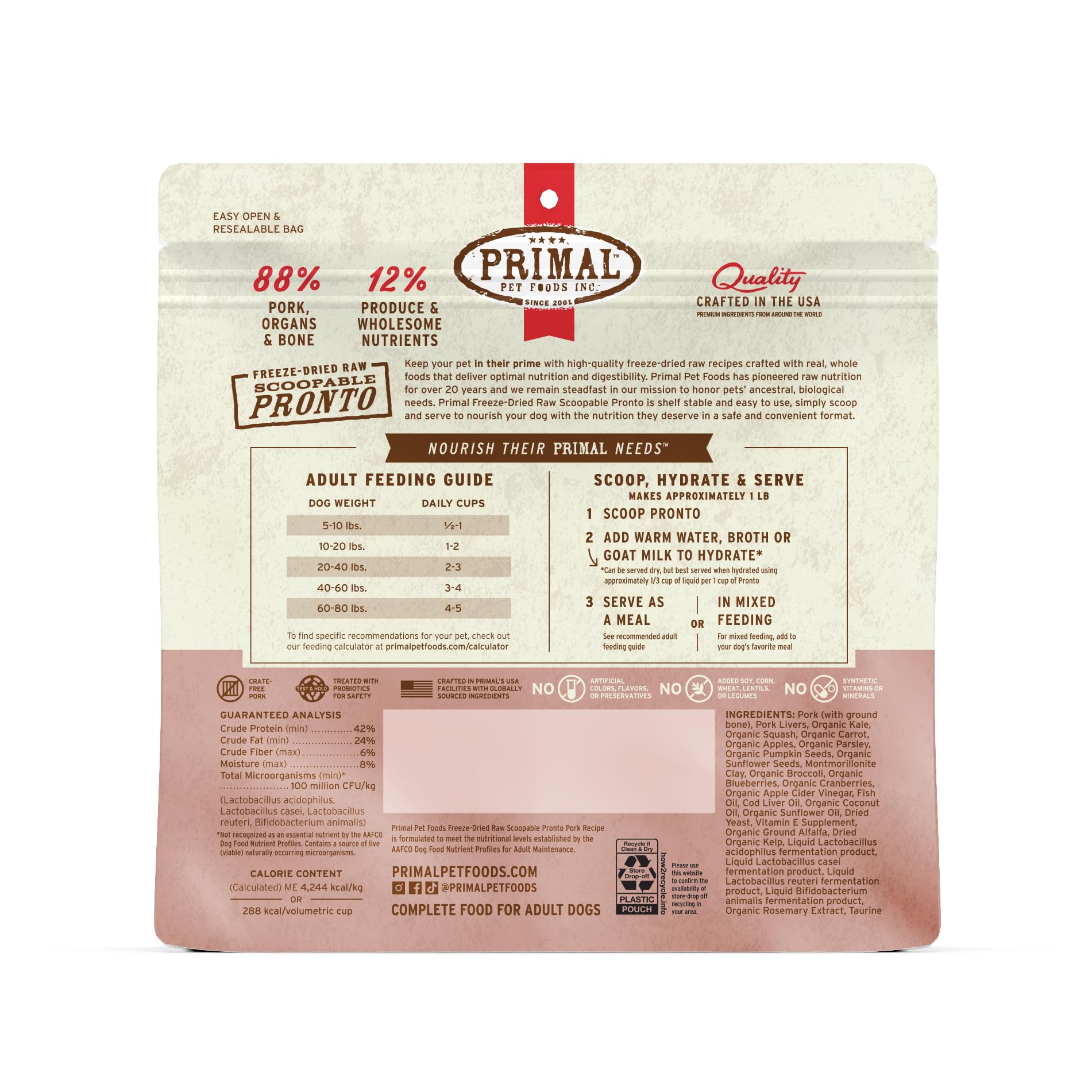 Primal Freeze Dried Cerdo: sin colorantes, sabores o conservantes artificiales.