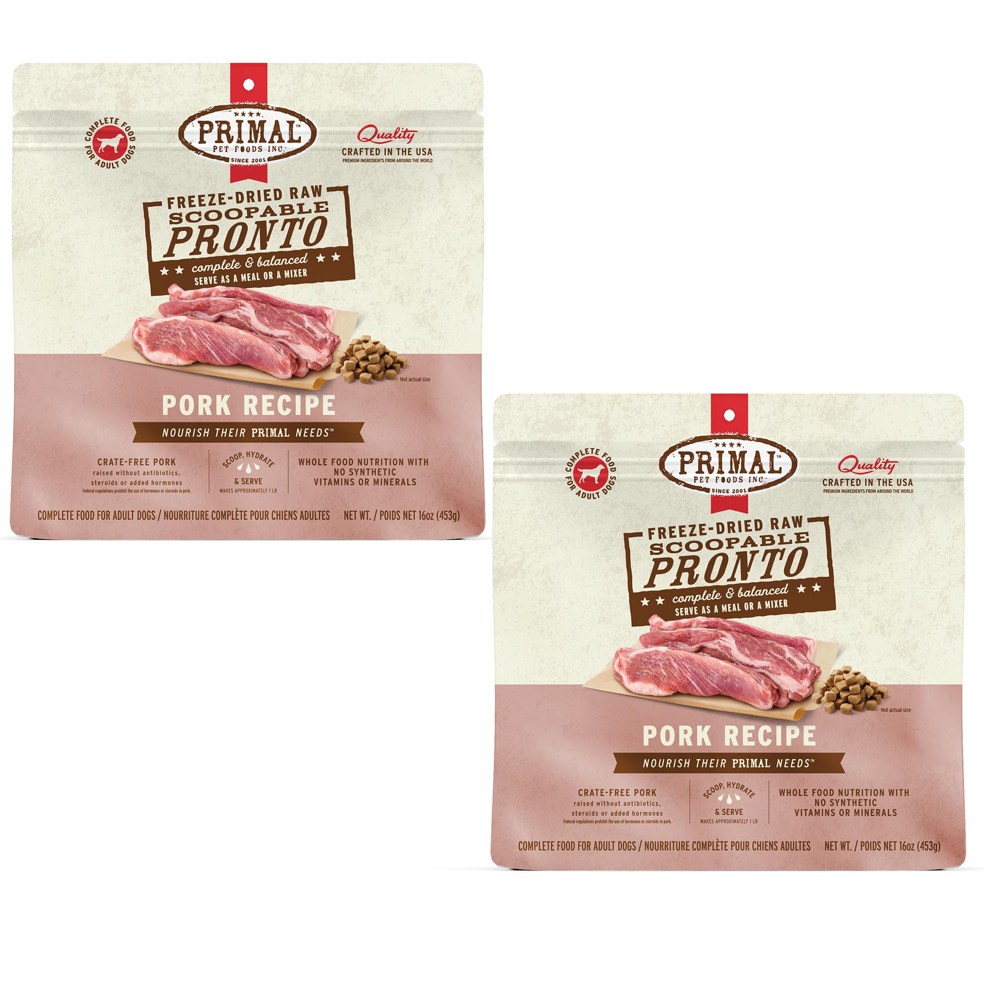 Primal Freeze Dried Nuggets de cerdo para perros, alimento completo para cada comida.