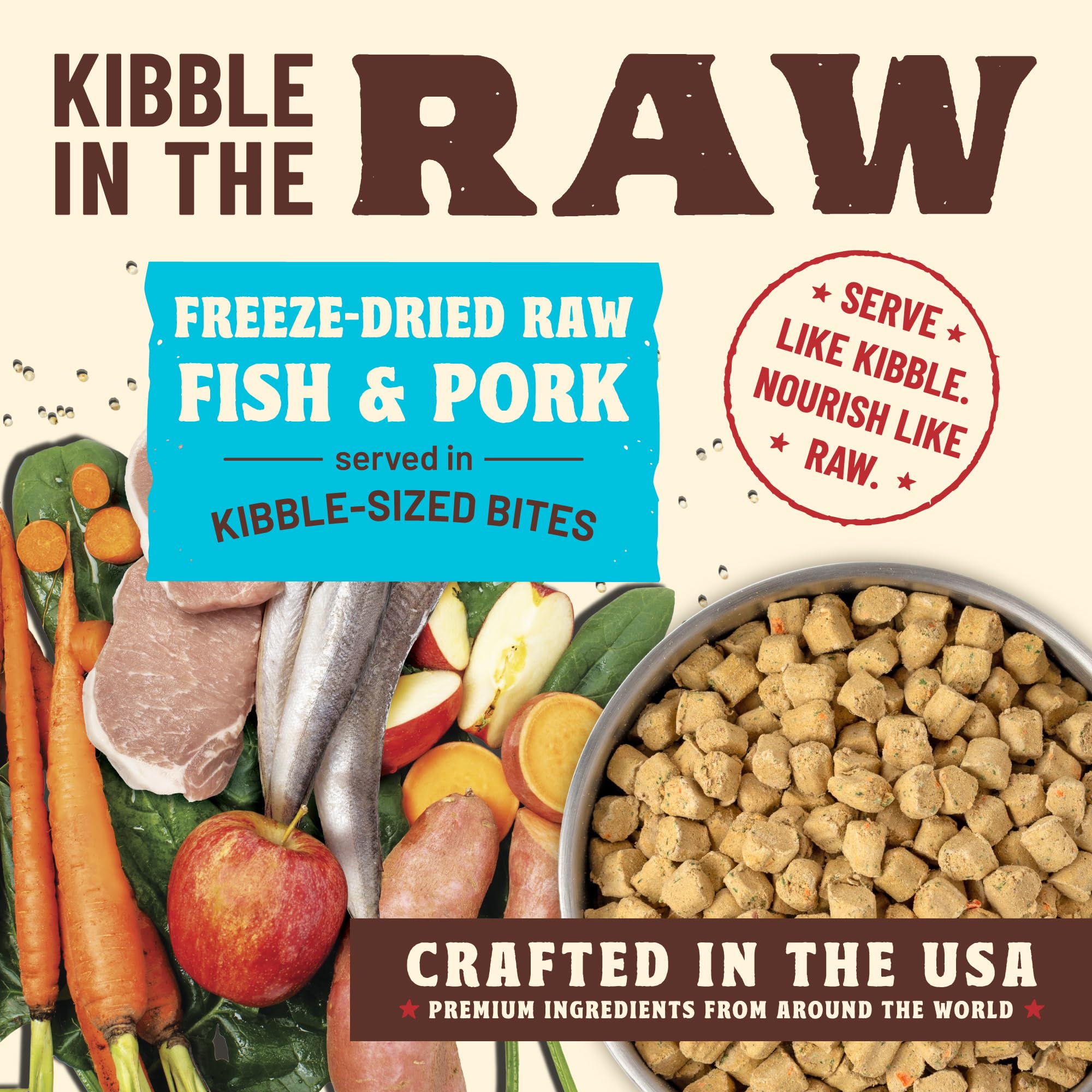 Primal Kibble en la Cruda: cerdo frío, fuente proteica premium.
