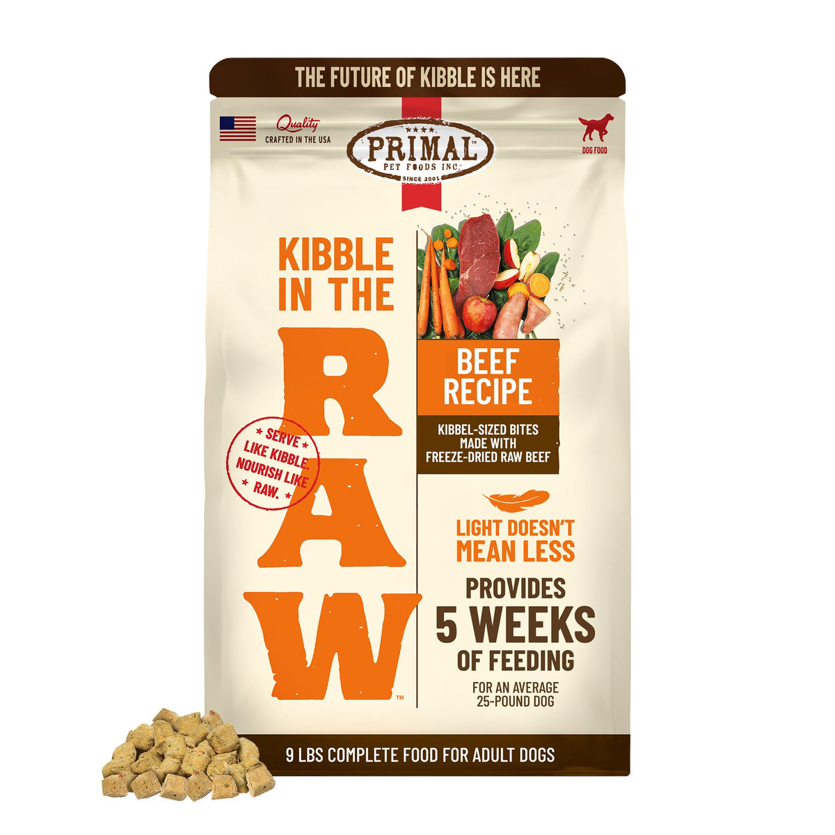 Primal Kibble en The Raw, res liofilizada en bolsa, proteína cruda para energía diaria.