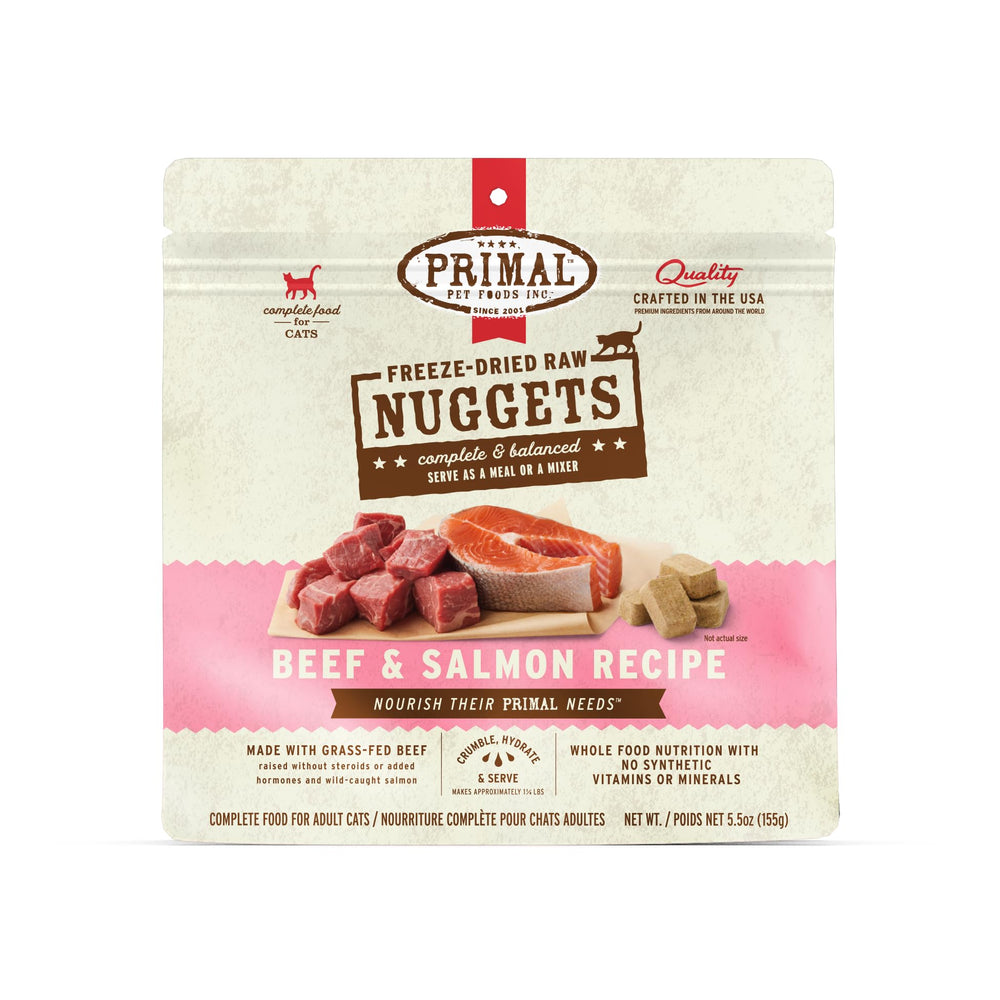Primal Pet Foods nuggets carne-salmon frente: comida completa y sabrosa para gatos.