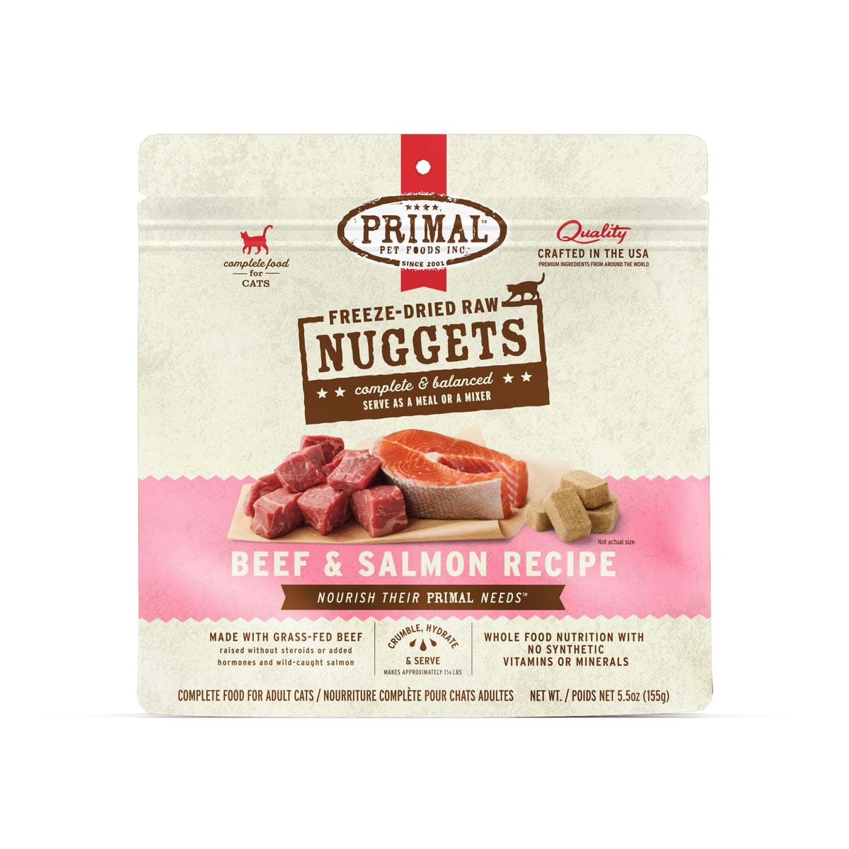 Primal Pet Foods nuggets carne-salmon frente: comida completa y sabrosa para gatos.