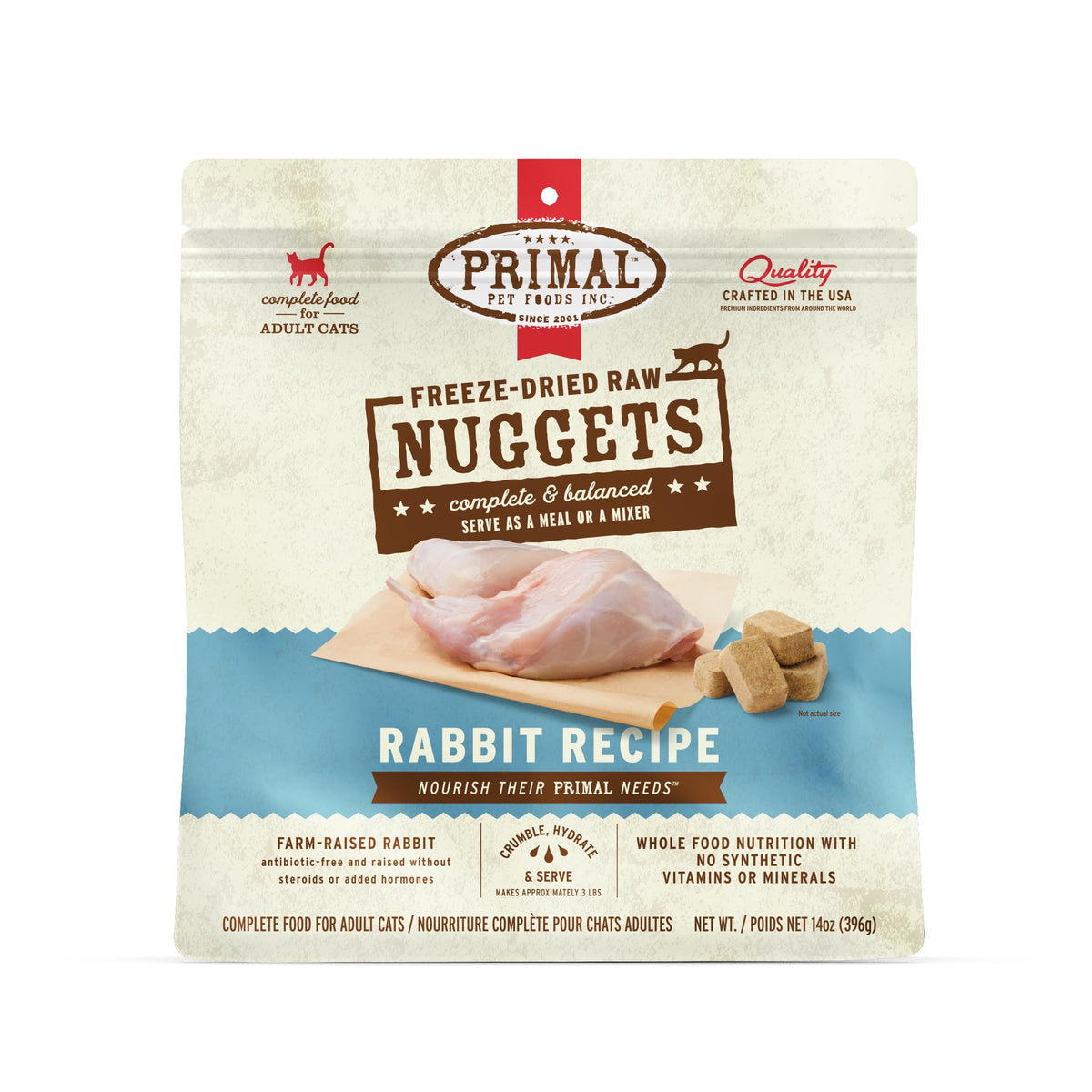 Primal nuggets de conejo deshidratados para gatos, listos para servir, sabor natural.