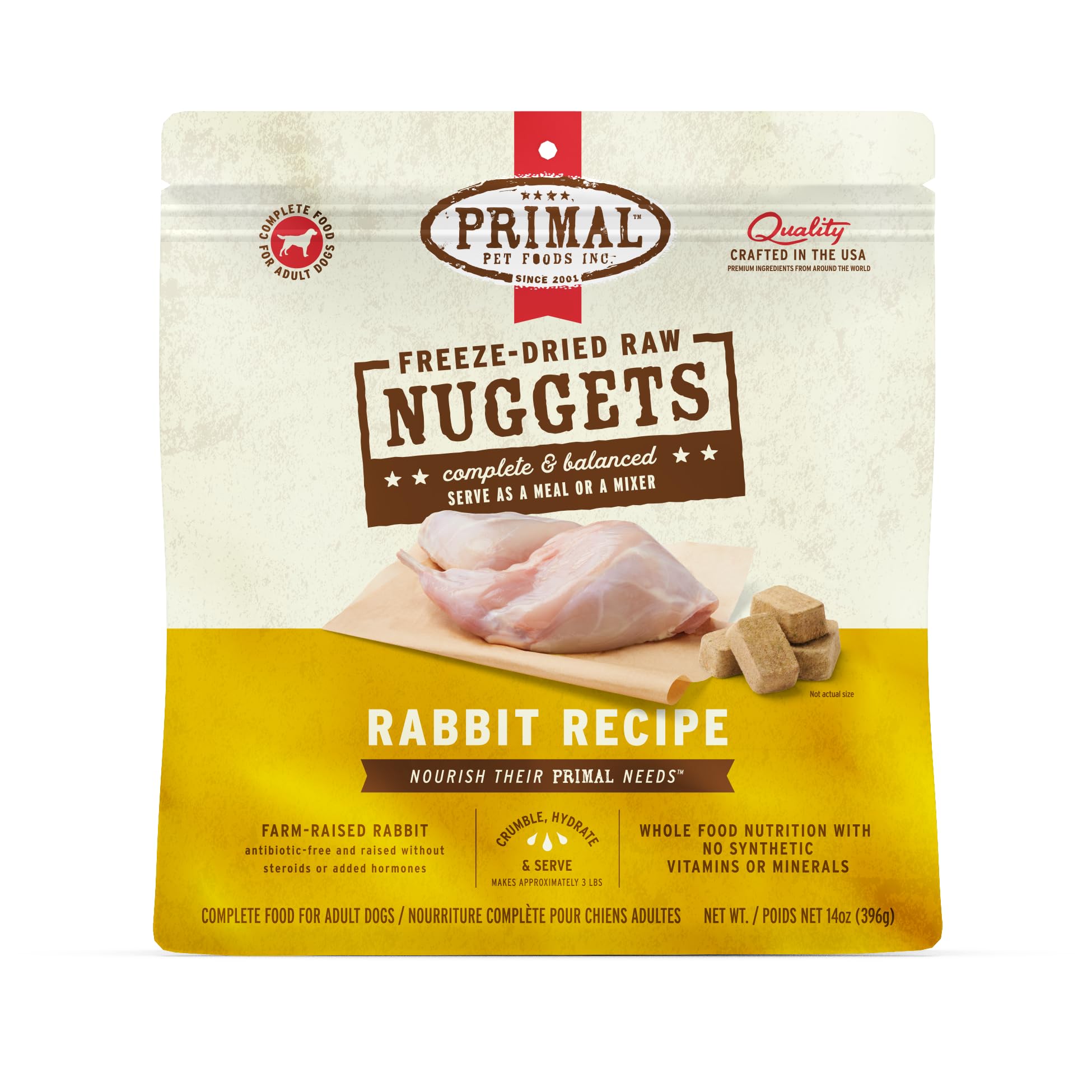 Primal cuñas liofilizadas de conejo en empaque, conveniente para almacenamiento diario.