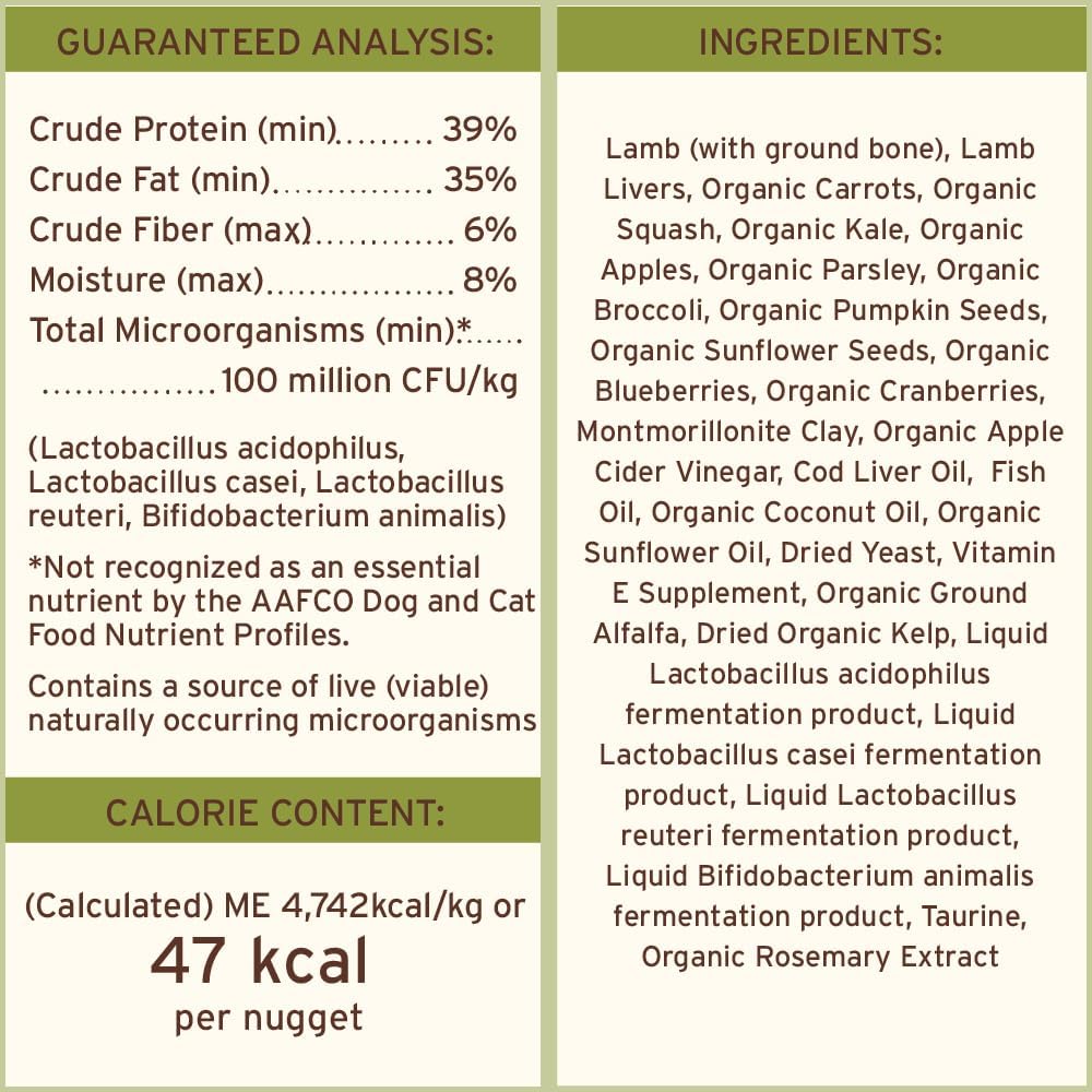 Alimento completo de Primal Nuggets de cordero, fuente de nutrientes equilibrados.