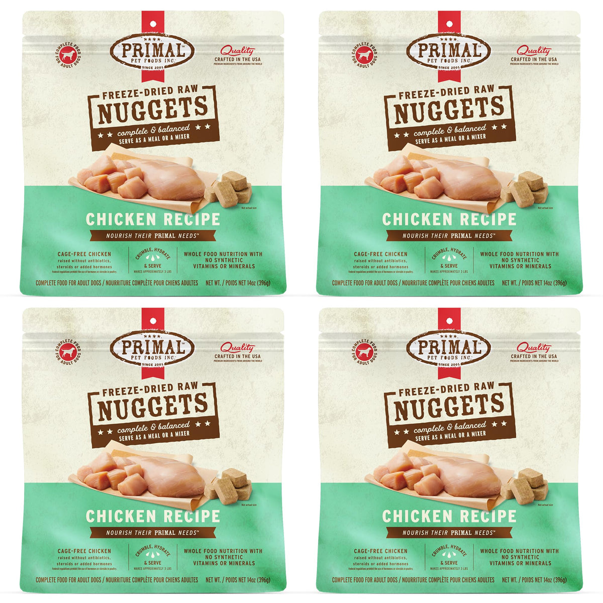 Primal Nuggets pollo deshidratados en empaque premium para alimentar