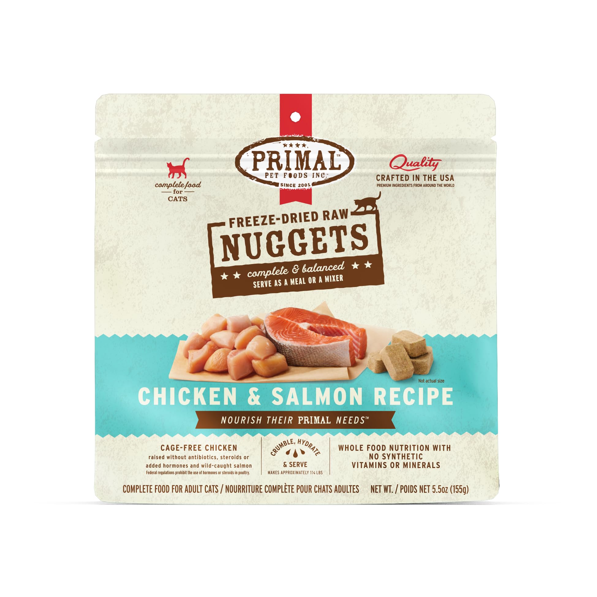 Primal Nuggets pollo-salmon-deshidratado: alta digestibilidad para absorción óptima de nutrientes.
