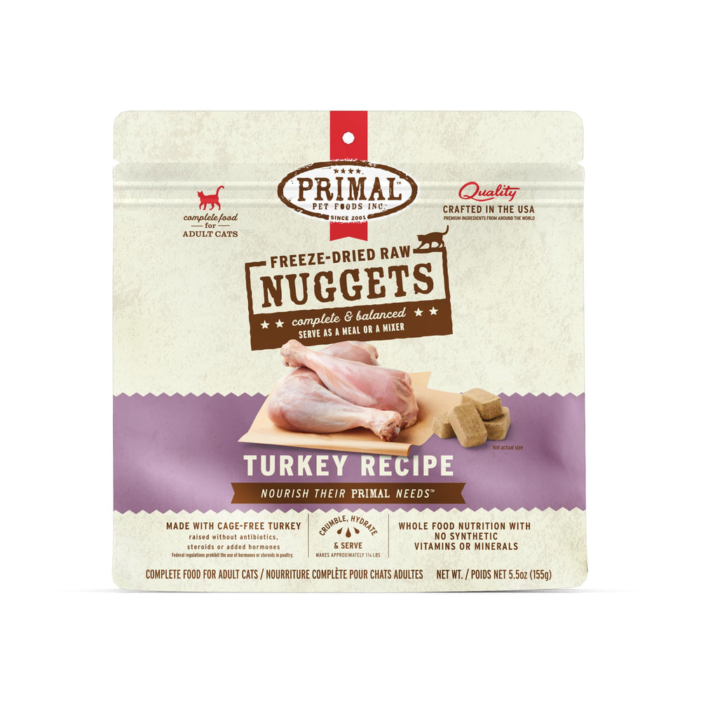 Primal Pet Foods bocaditos-pavo-liofilizados, fáciles de servir como snack saludable.