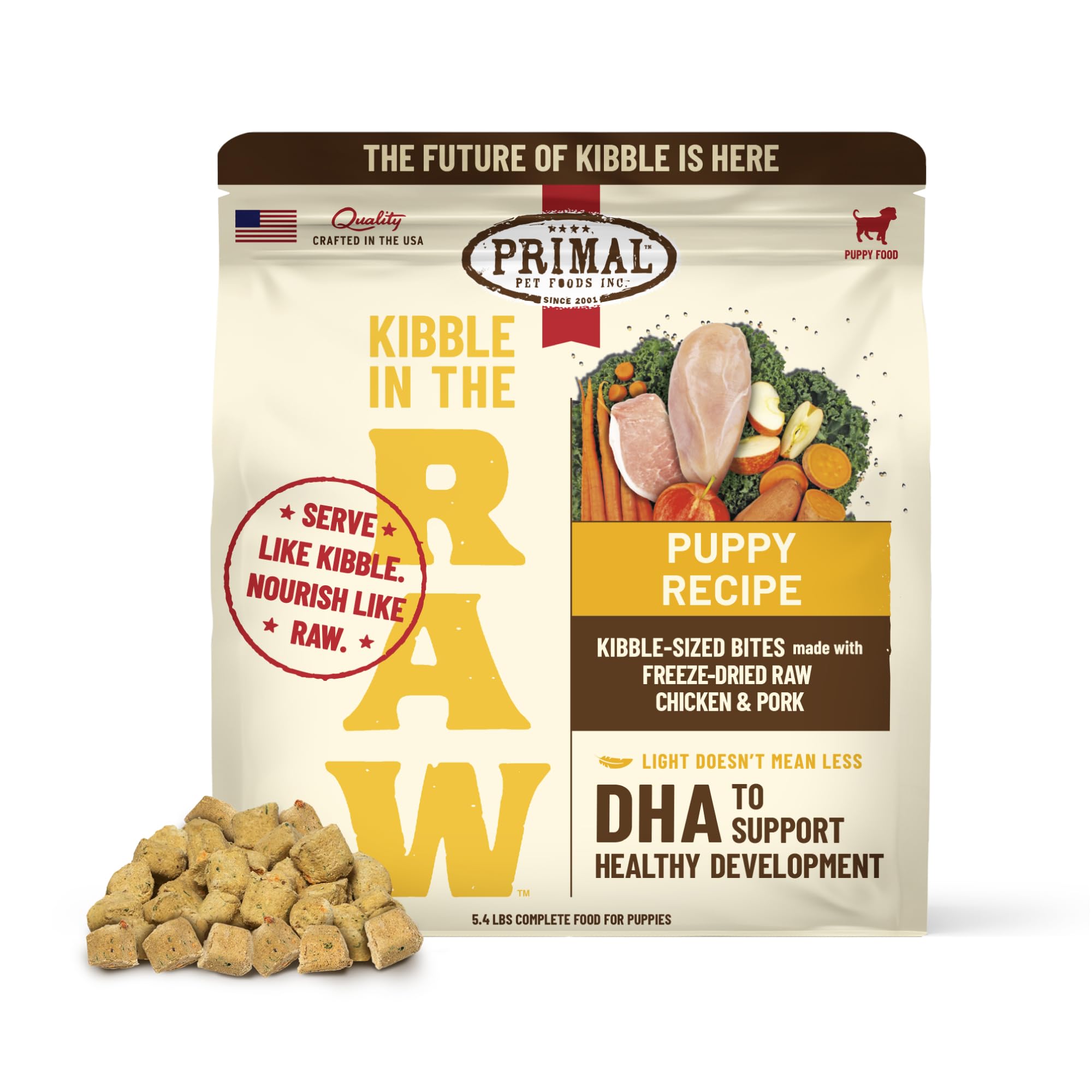 Primal Pet Foods Kibble en la Cruda, empaque visible para servir fácilmente.