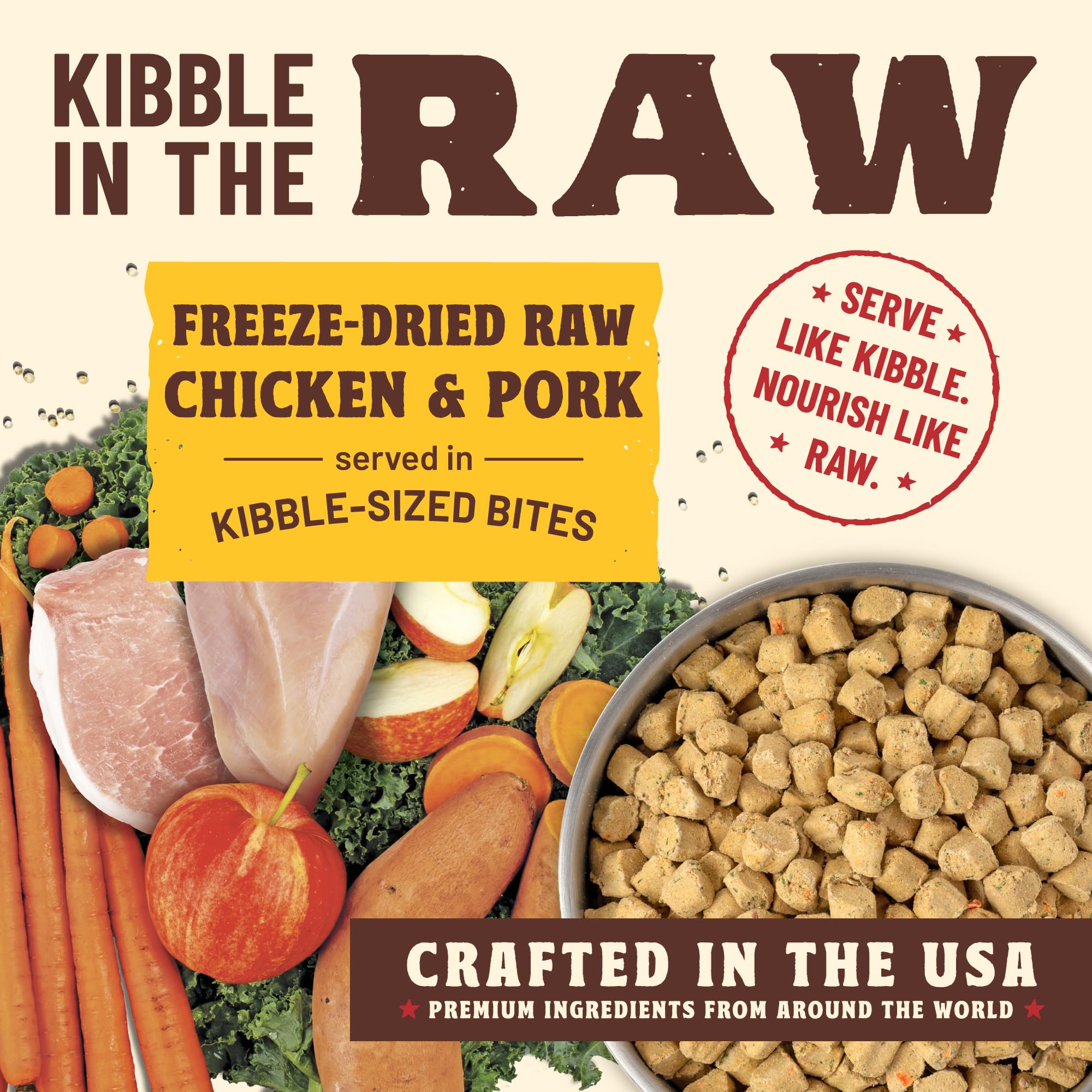 Primal Pet Foods Kibble en la Cruda, porción lista para servir sin preparación.