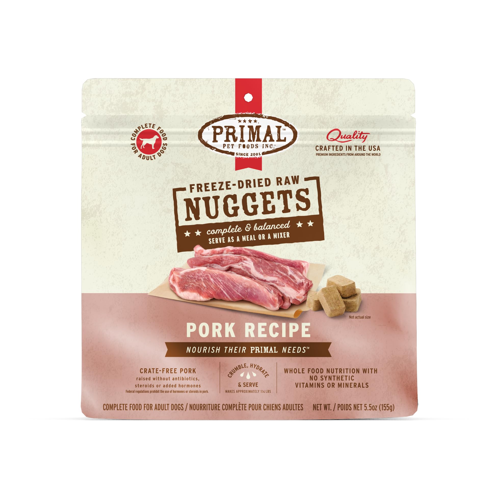 Primal Pet Foods Nuggets empaque frontal, práctico para compra diaria.
