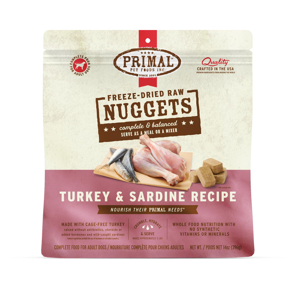Primal Pet Foods nuggets pavo y sardina en empaque: nutrición completa para perros activos.