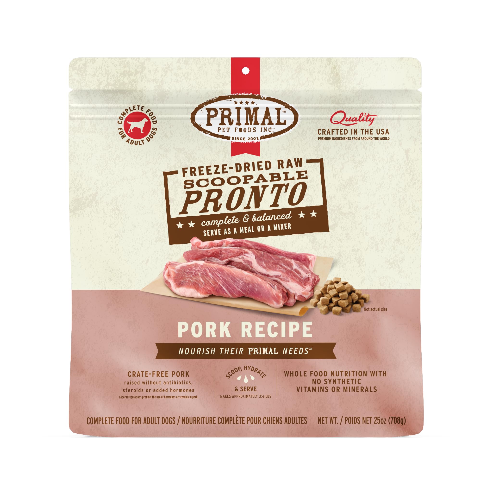 Primal Pronto Mini Nuggets cerdo en envase, fácil de servir para perros activos.