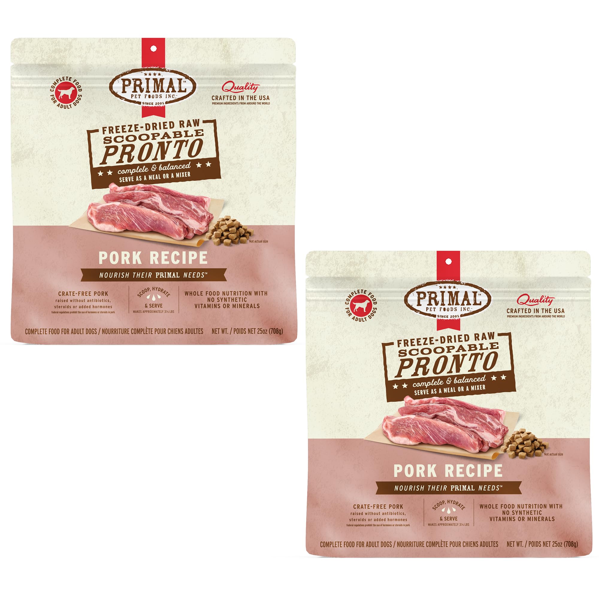 Primal Pet Foods Pronto Mini Nuggets cerdo, porciones listas para servir, nutrición completa para perros.