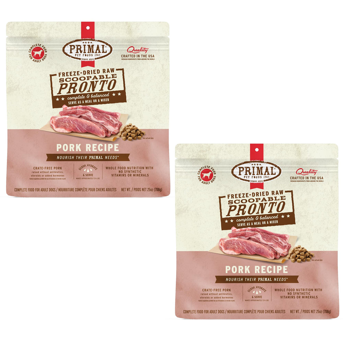 Primal Pet Foods Pronto Mini Nuggets cerdo, porciones listas para servir, nutrición completa para perros.