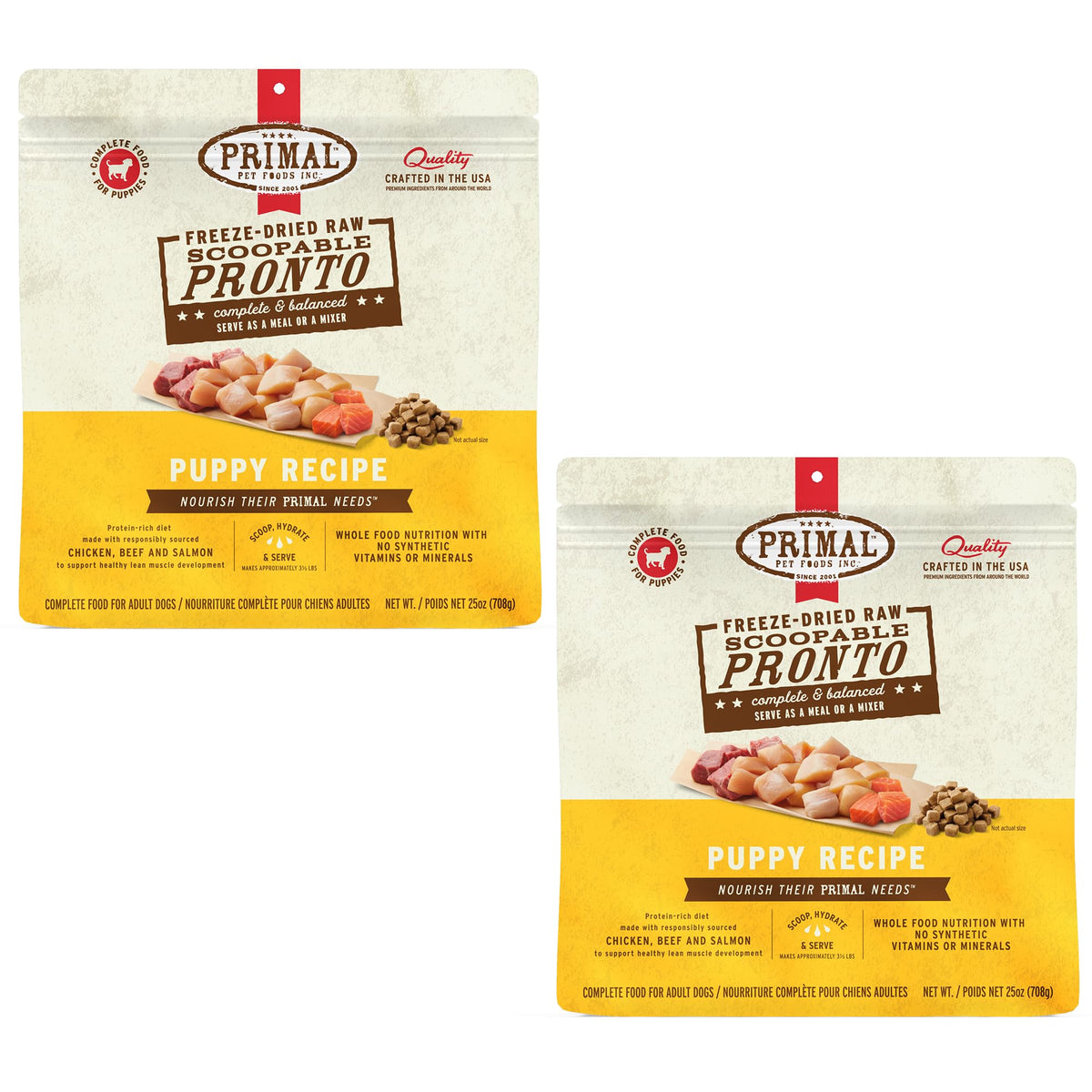 Primal Pet Foods Pronto Mini Nuggets envase con porciones fáciles para cachorros