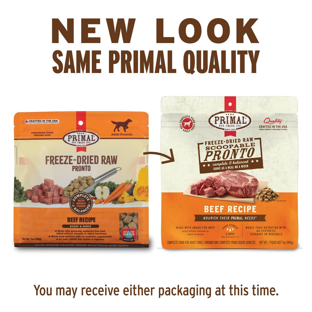 Primal Pet Foods Pronto Mini Nuggets ternera, cuchara medidora para porciones.