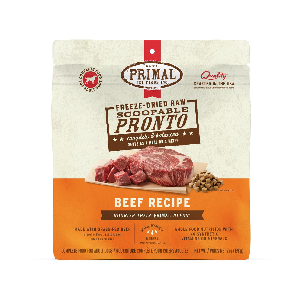 Primal Pet Foods Pronto Mini Nuggets ternera, envase práctico para perros.