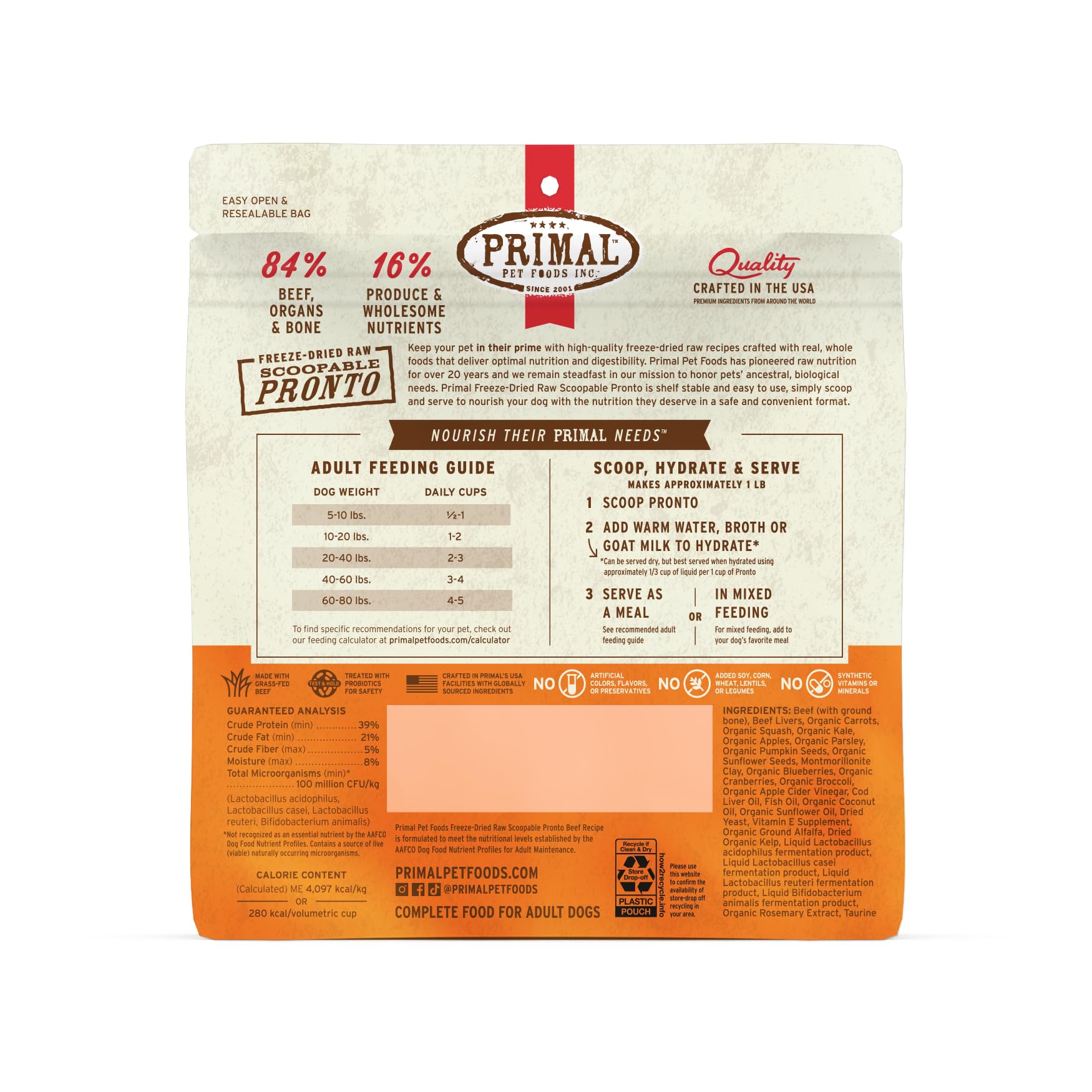 Primal Pet Foods Pronto Mini Nuggets ternera, sin granos para perros sensibles.