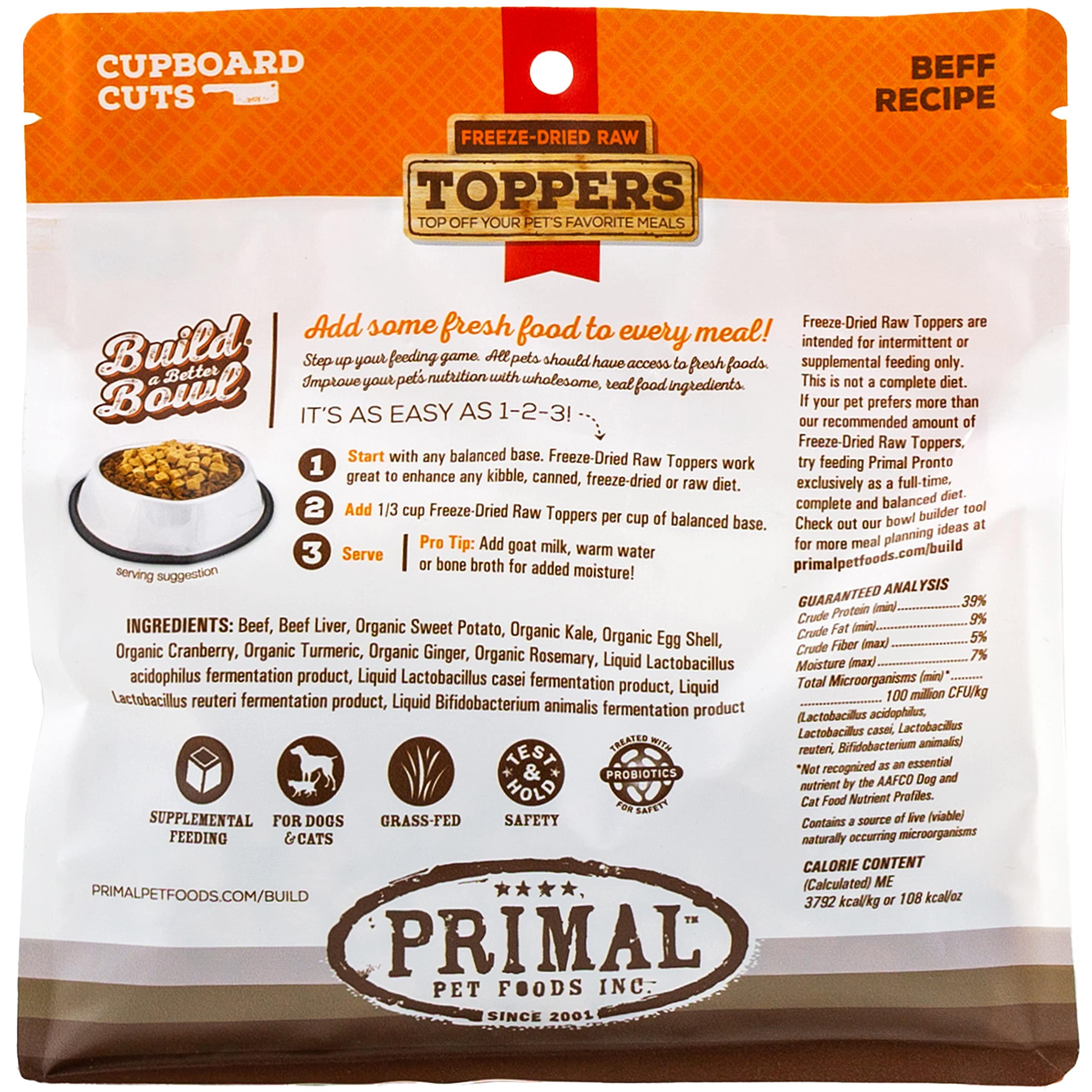 Primal Pet Foods toppers de res, listo para servir con comida húmeda.