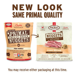Primal Pet Foods trozos cerdo en bolsa, práctica para servir cada comida.