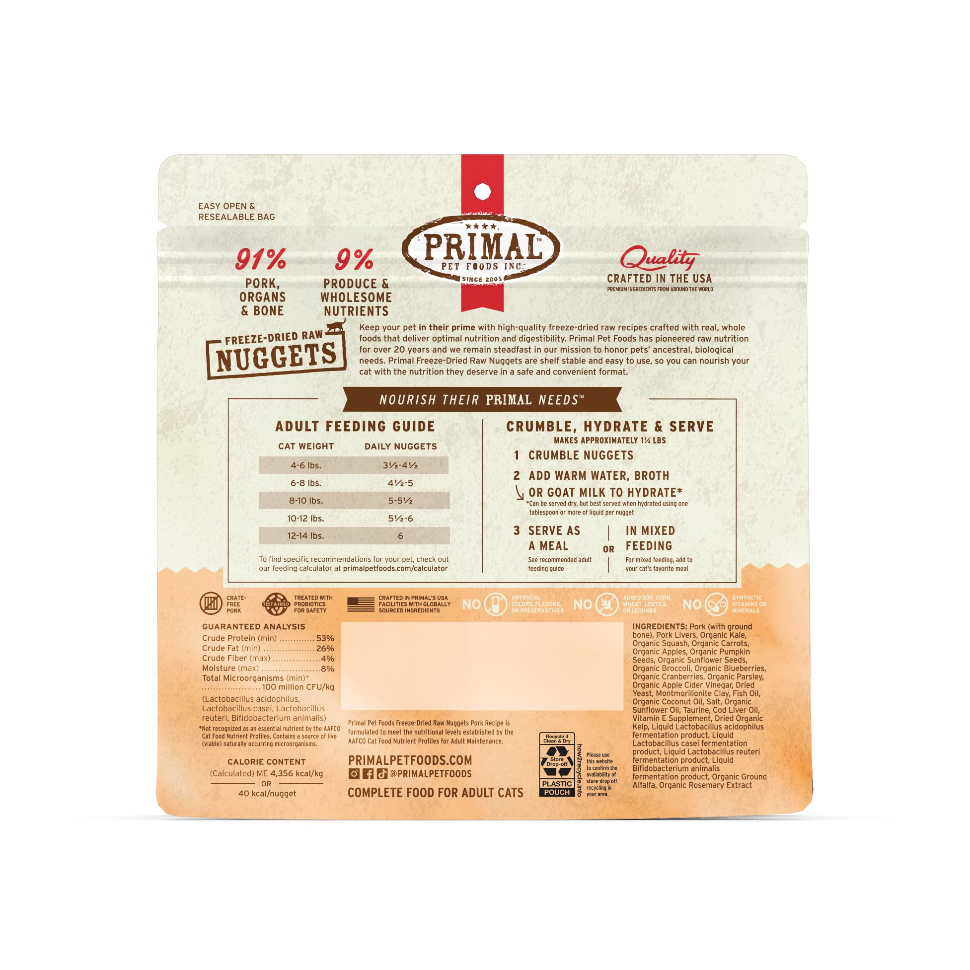 Primal Pet Foods trozos cerdo para gatos adultos, snack nutritivo y sabroso.
