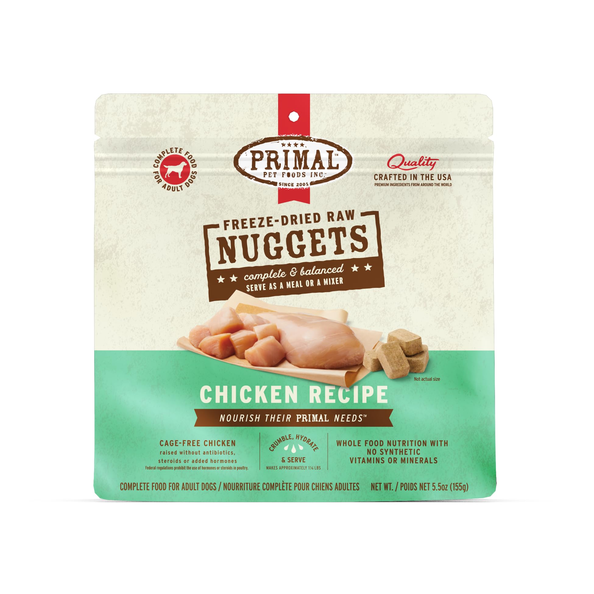 Primal Pet Foods trozos crudos secos de pollo para dieta completa.