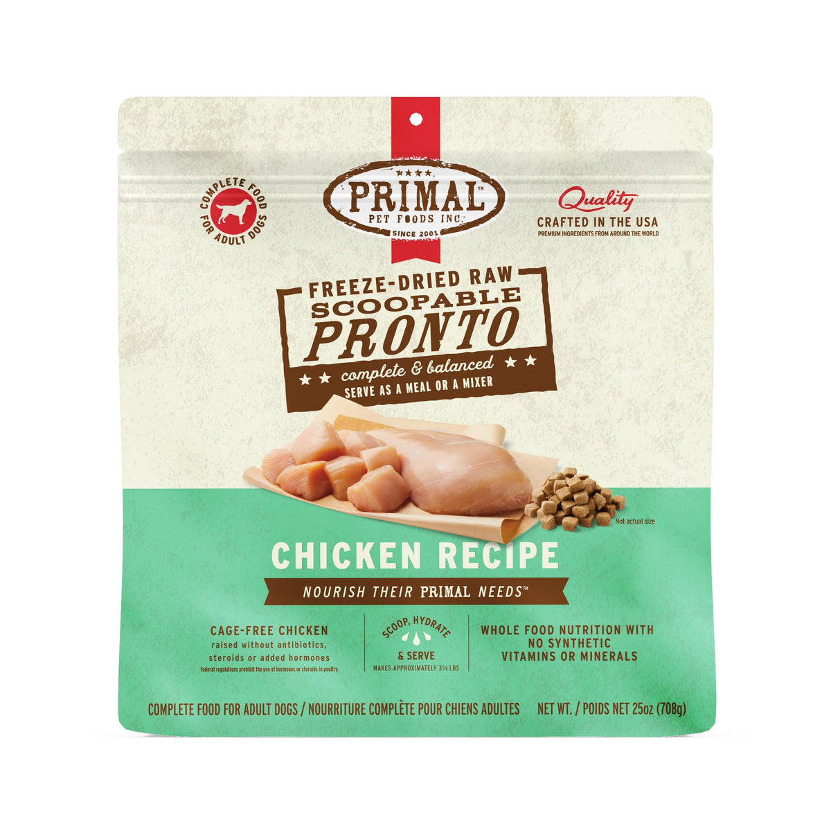 Primal Pronto Mini Nuggets en bolsa, alimento completo para perros sin granos.