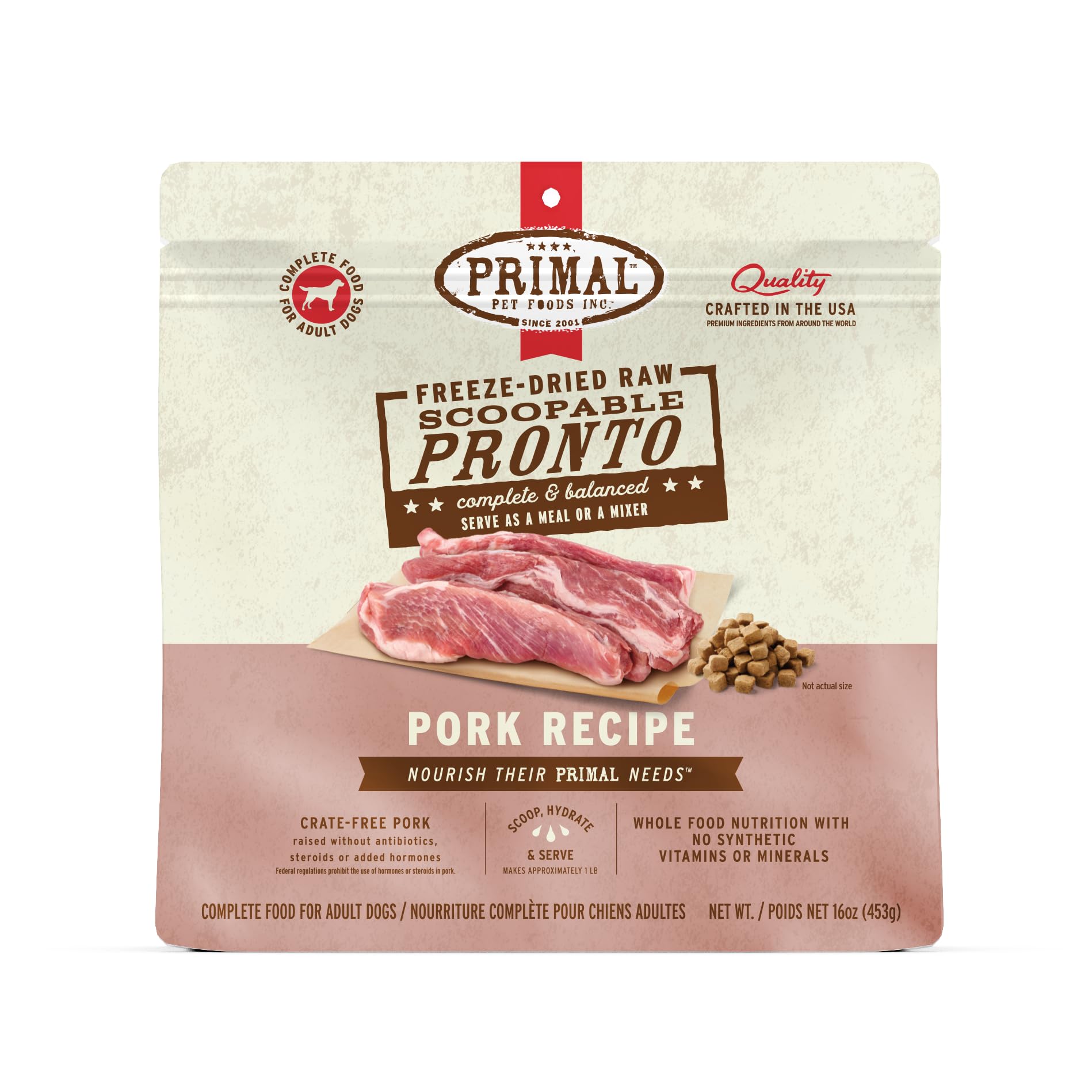 Primal Pronto Mini Nuggets de cerdo en empaque, opción conveniente para alimentar a tu perro.