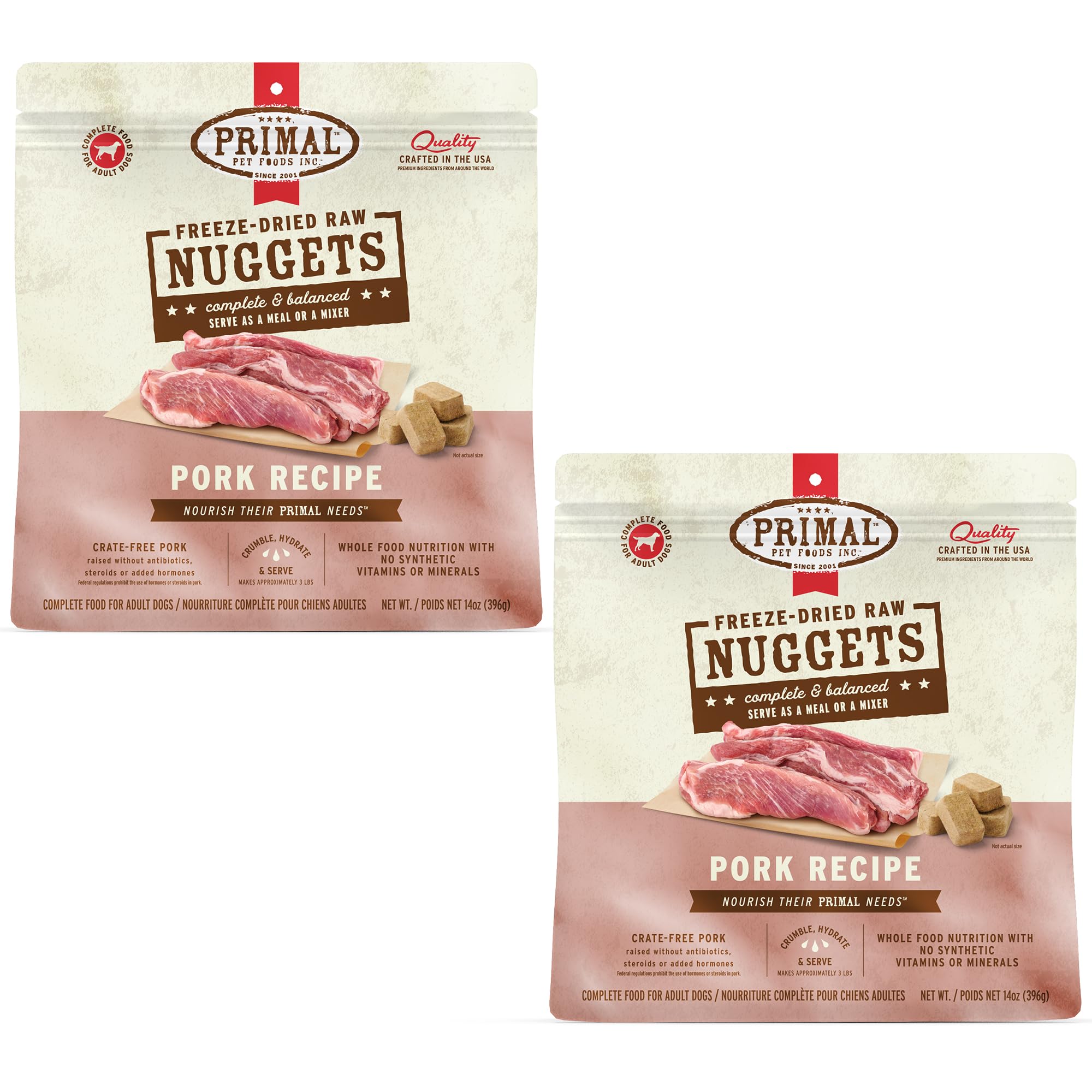 Primal Nuggets de Puerco: porciones liofilizadas de 14 onzas para una comida completa.