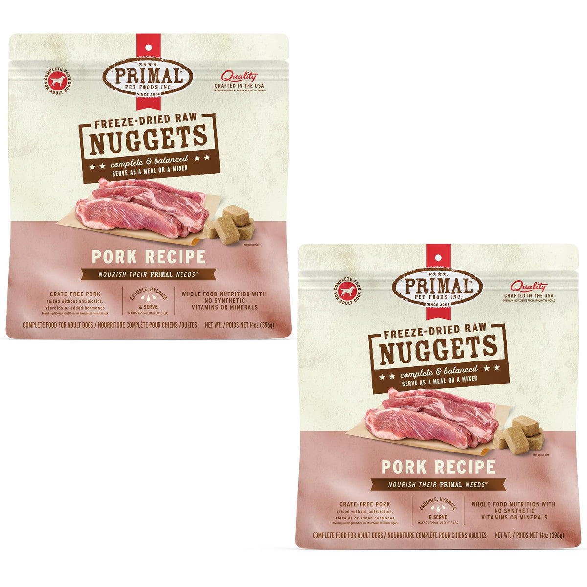 Primal Nuggets de Puerco: porciones liofilizadas de 14 onzas para una comida completa.