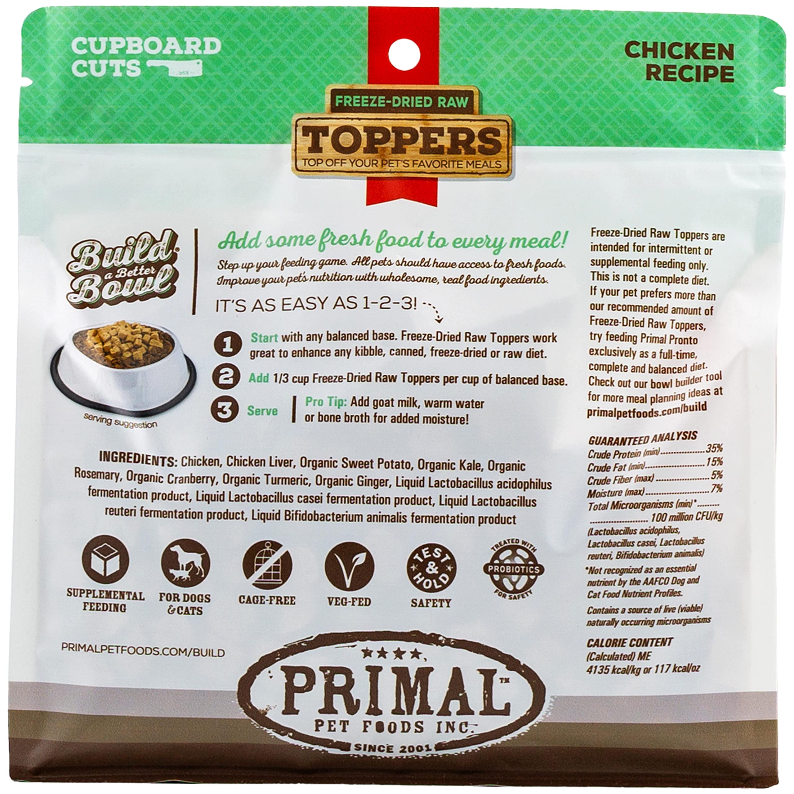 Primal Pet Foods toppers hechos en EE.UU., calidad constante para la dieta mixta.
