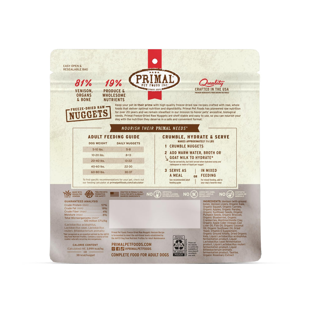 Primal Pet Foods venado deshidratado premium, una opción segura y sabrosa para el día a día.
