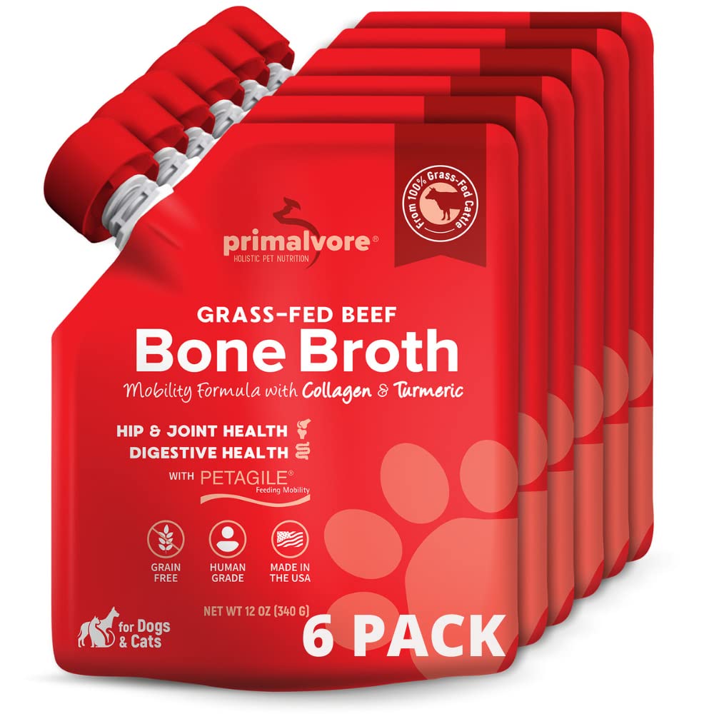 Primalvore caldo de hueso orgánico en botella, ideal para enriquecer la comida de la mascota.