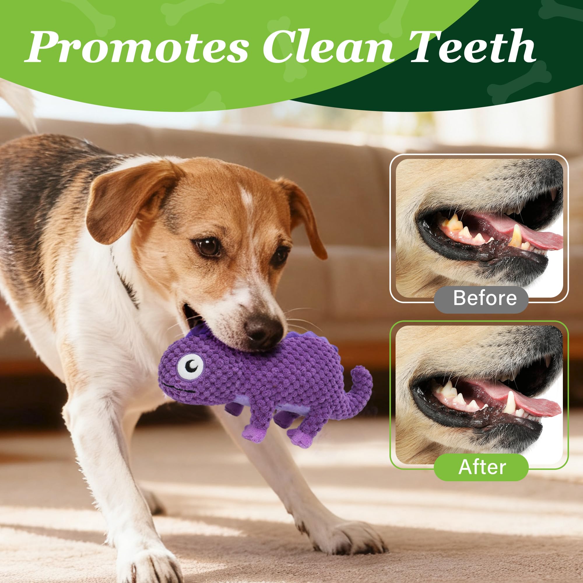 Prime Pets juguete camaleon morado para perros, colores vibrantes para captar atención.