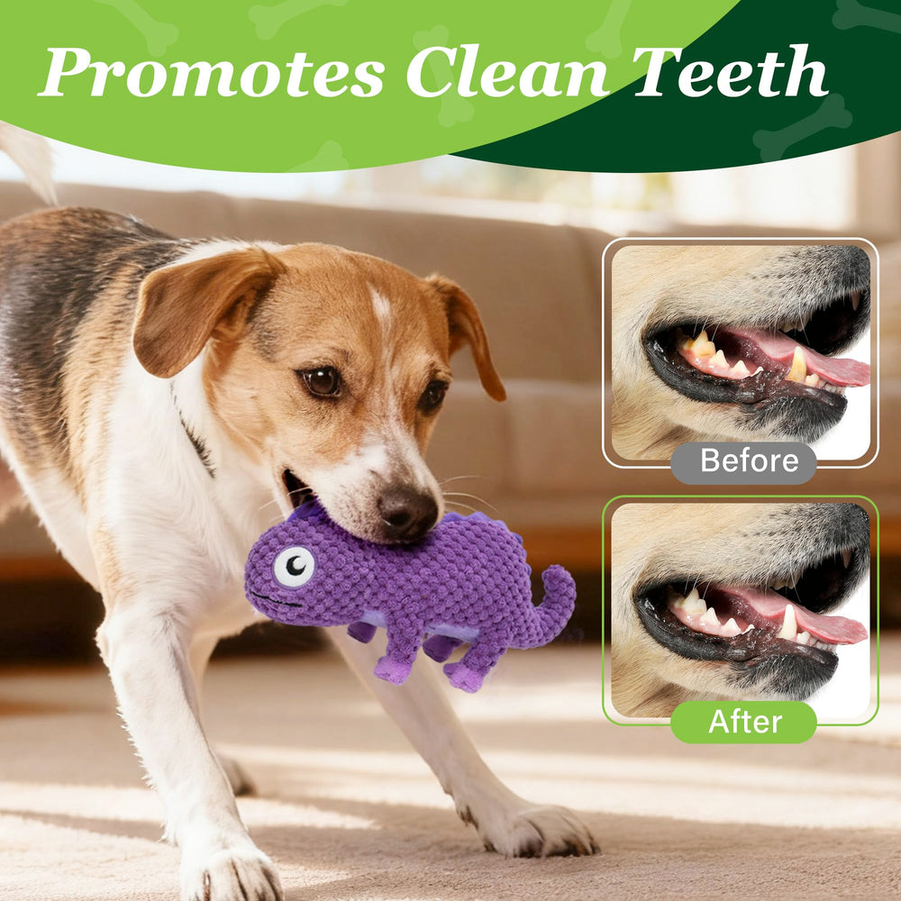 Prime Pets juguete camaleon morado para perros, colores vibrantes para captar atención.