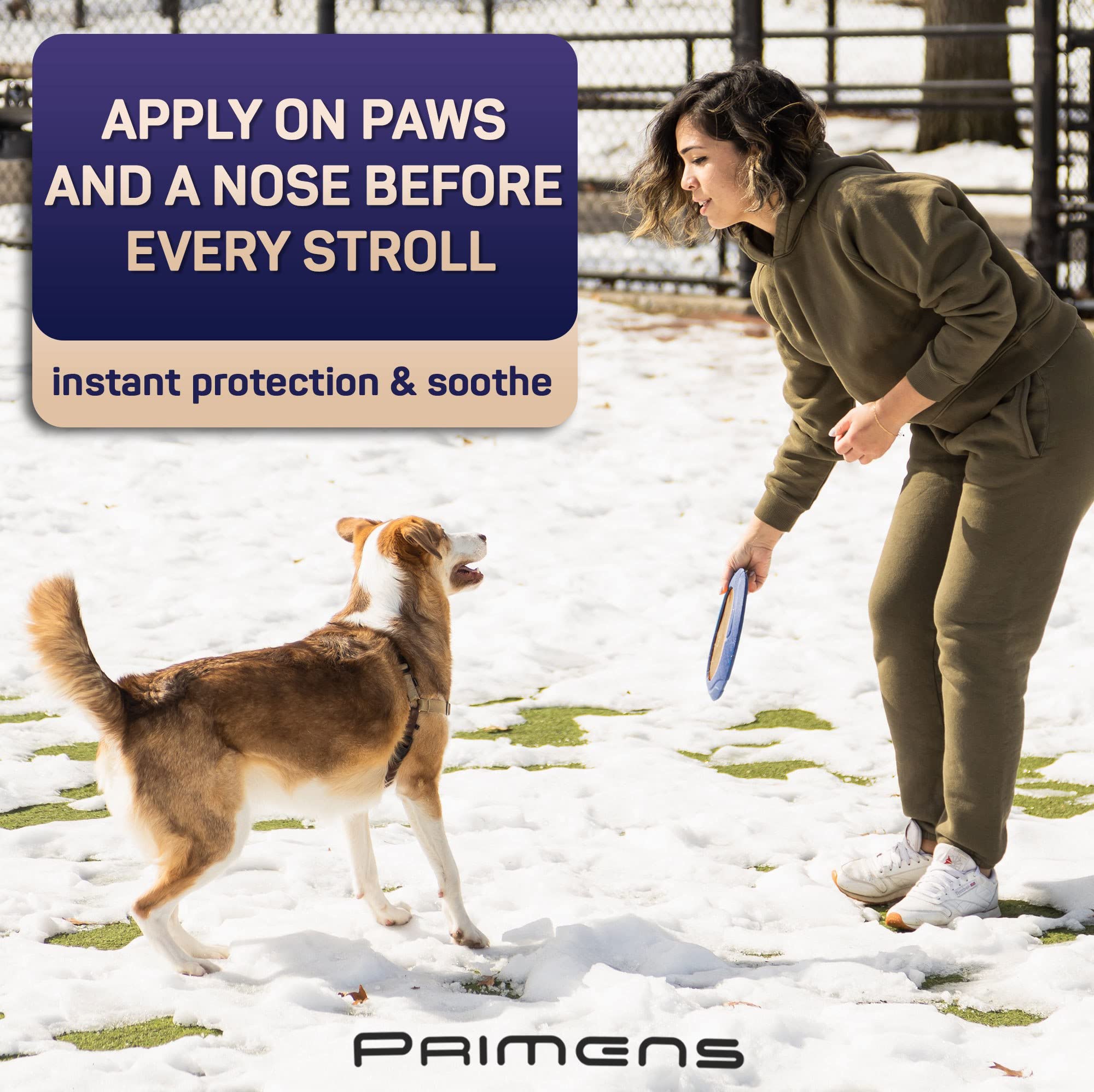 Protección invernal de las patas con pomada Primens para perro.