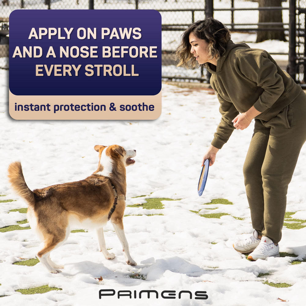 Protección invernal de las patas con pomada Primens para perro.