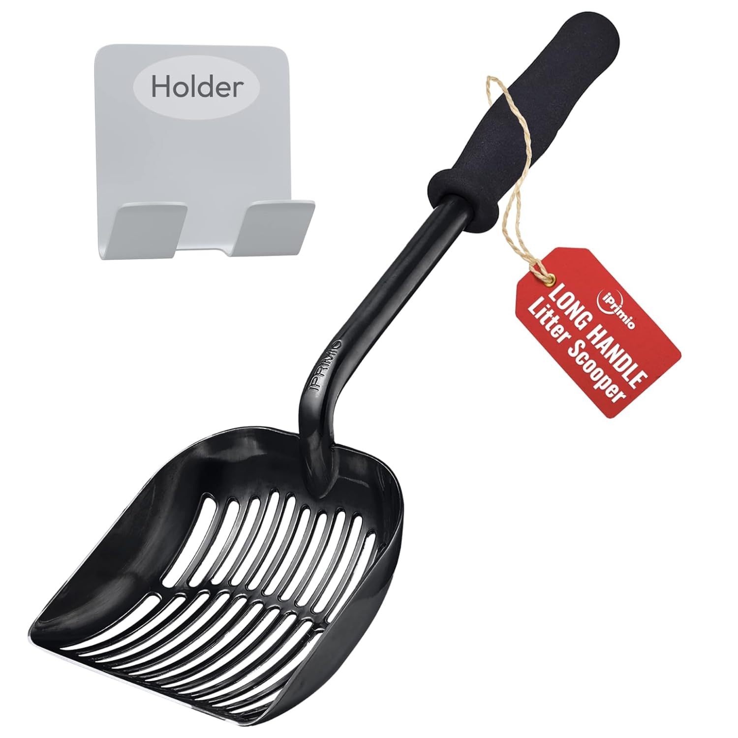 iPrimio Monster pala para arena de gatos con mango largo para mayor alcance.