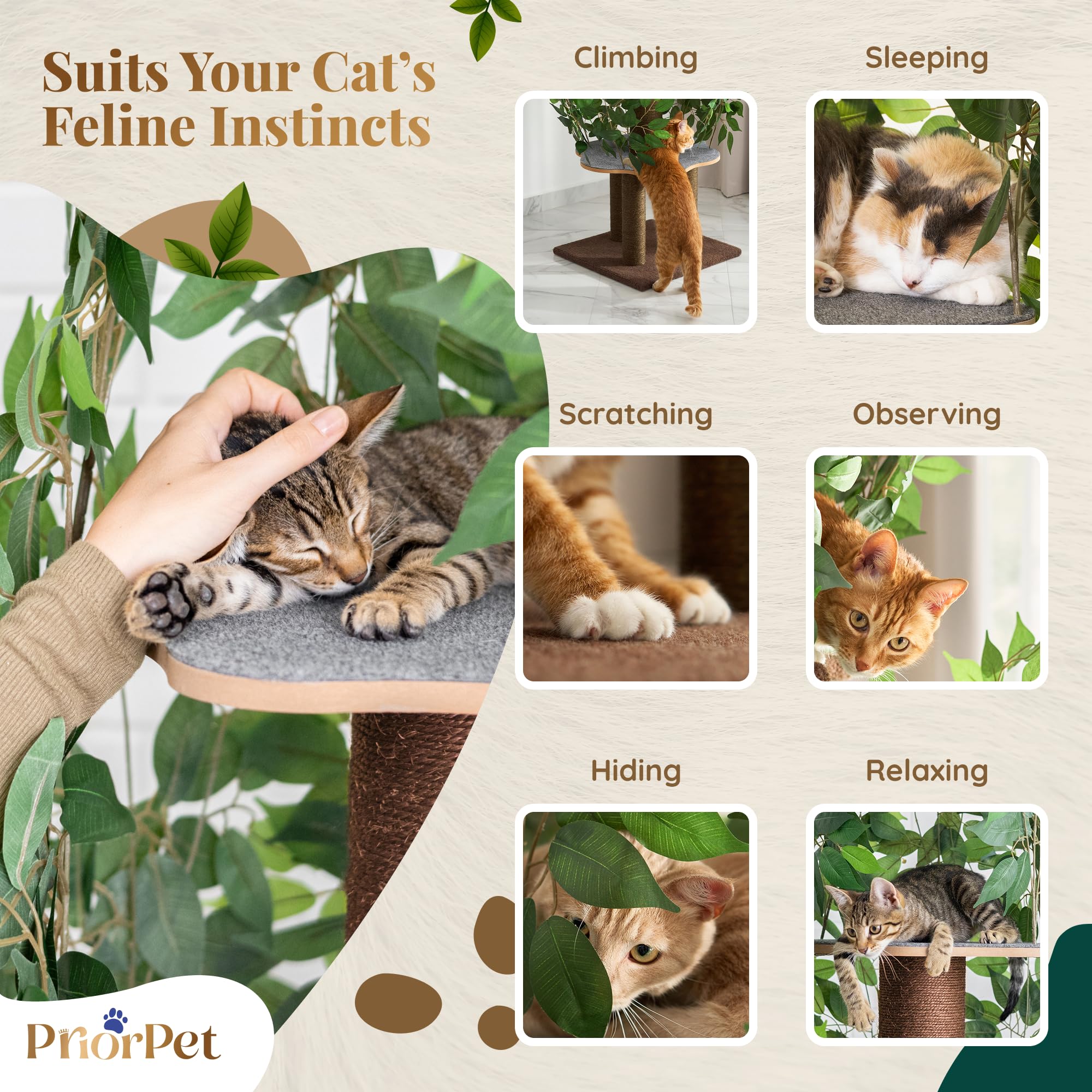 PriorPet Arbol Gatos con Hojas, plataformas de rascado para trepar y afilar uñas.