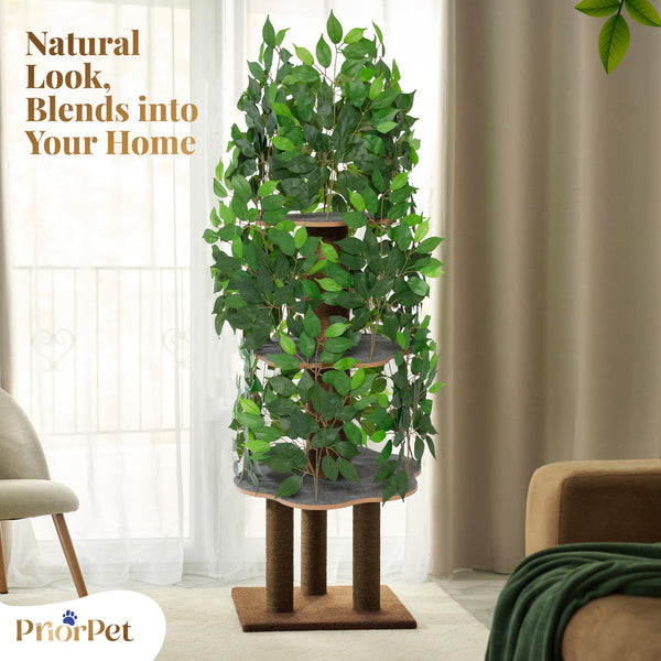 PriorPet Arbol Gatos con Hojas, postes de sisal reforzados para juego activo.