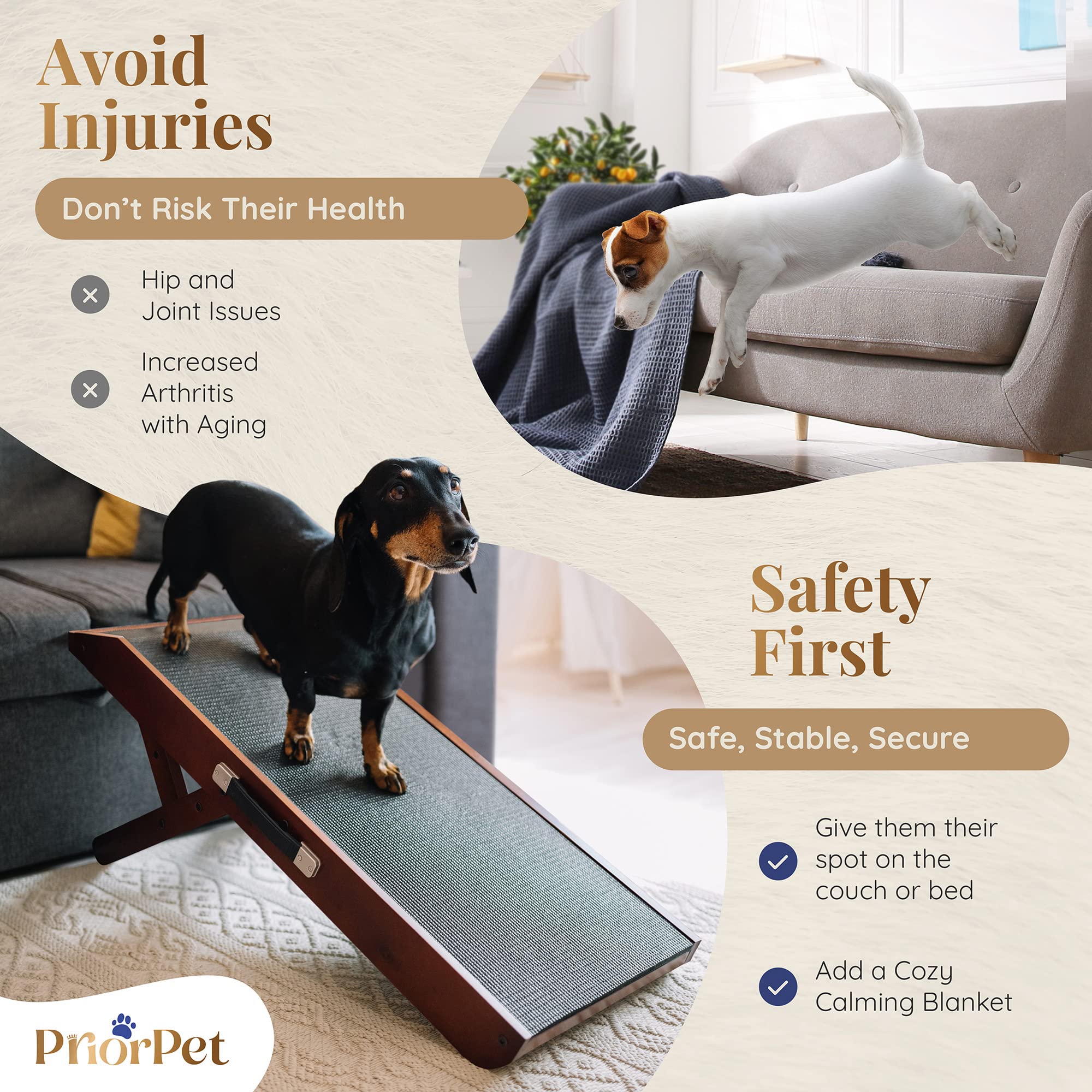 Rampa PRIORPET para perro: altura ajustable para sofá, cama o coche.