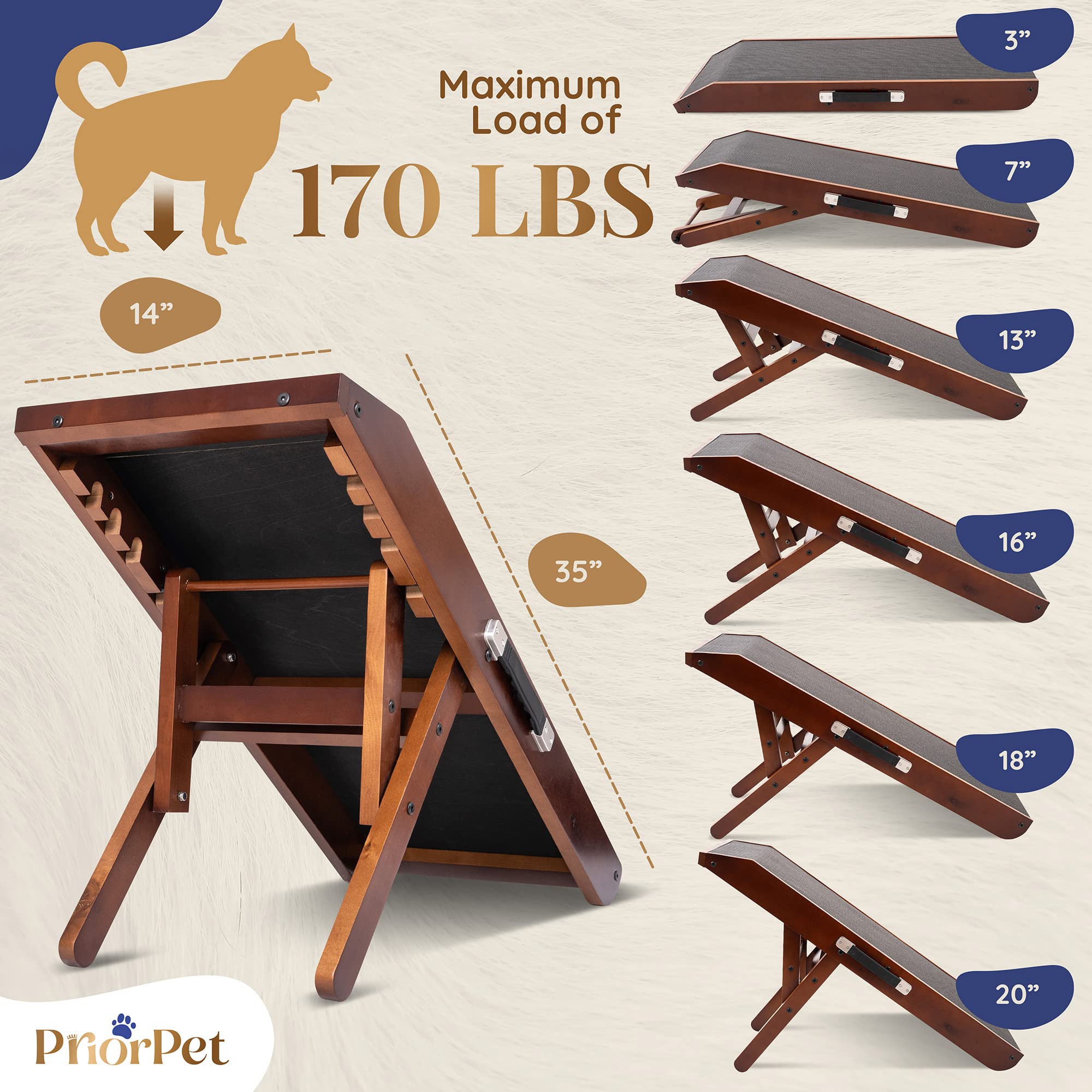 Rampa PRIORPET para perro en madera Birch para mayor durabilidad y estabilidad.