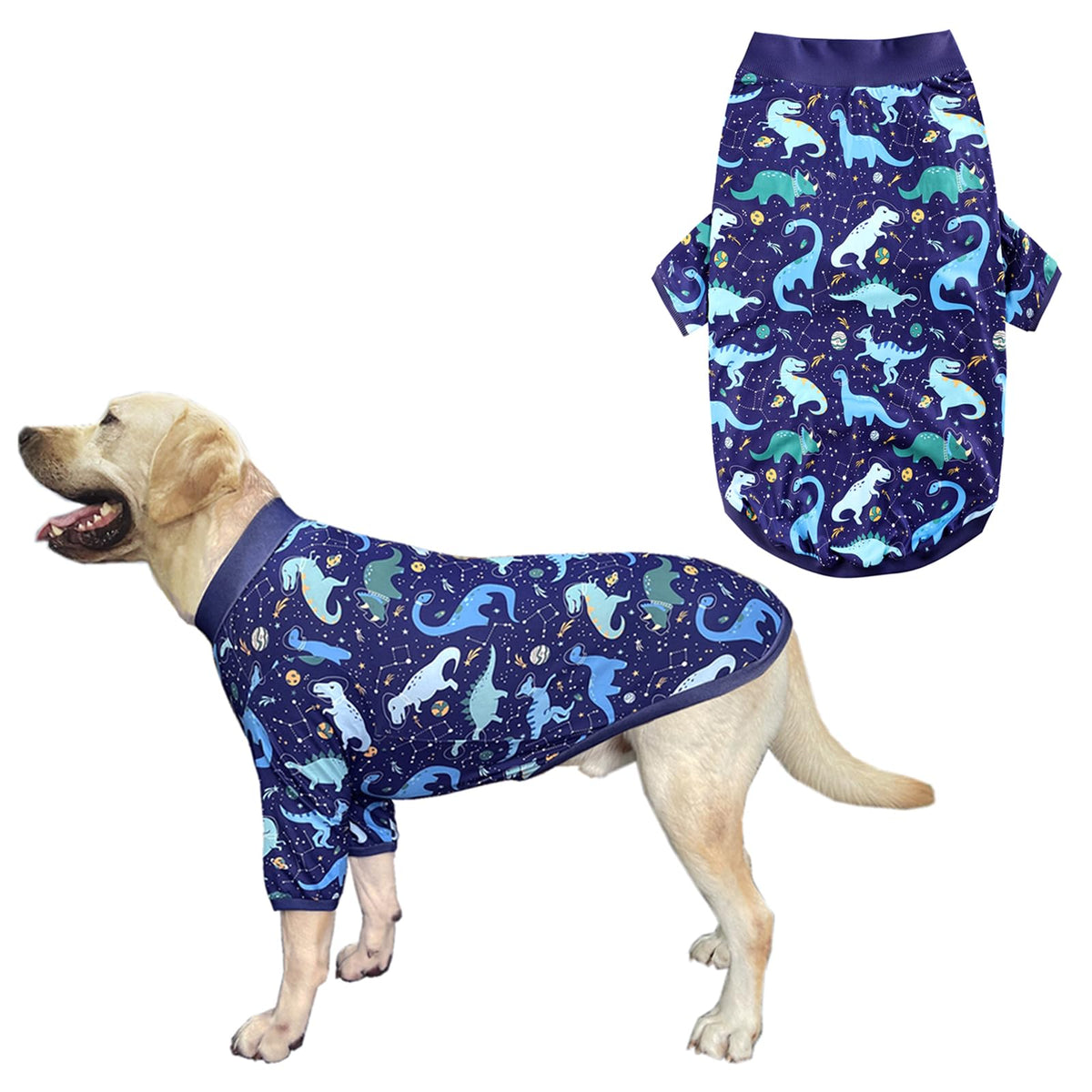 Camiseta PriPre para perro azul marino con dinosaurio universo, ideal para salidas diarias.