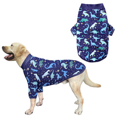 Camiseta PriPre para perro azul marino con dinosaurio universo, ideal para salidas diarias.