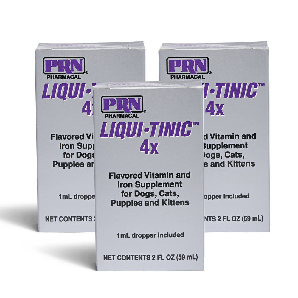 PRN Liqui-Tinic frasco volcado para alimentar mascotas con sabor hígado.